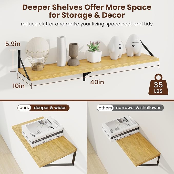 Axeman Deep Floating Shelves | 40 Inch Oak Wall Shelves Set of 2 | 10 Inch Deep Rustic Wood Shelves for Wall | 40'' W x 10''D Oak Shelves for Living Room Bathroom Kitchen