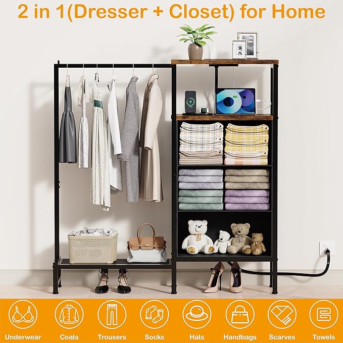 Dresser for Bedroom with Hanging Rack, 3 Drawers Closet with Charging Station, Fabric Chest of Drawers with Clothes Rack, Storage Organzier for Hallway Entryway, Brown