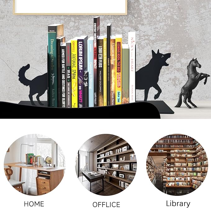 ENCIMART Wolf Book Ends Decorative for Shelves, Black Metal Bookend Supports for Heavy Books, Book Stoppers for Home Office Desktop Organizer for Men and Book Lovers Gift