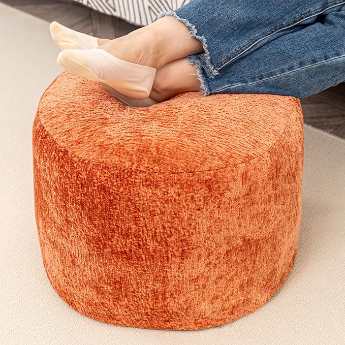 Boucle Round Pouf Ottoman - All-in-One Solid Foam Filled Foot Rest, Multifunctional Coffee Table & Floor Seat for Living Room, Bedroom - Orange