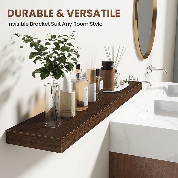 Acovy 36 Inch Floating Shelves for Wall 2 Pack, 36" Wall Shelves for Books, Storage, Decor, Wall Mounted Floating Shelf with Invisible Brackets for Kitchen, Living Room, Walnut