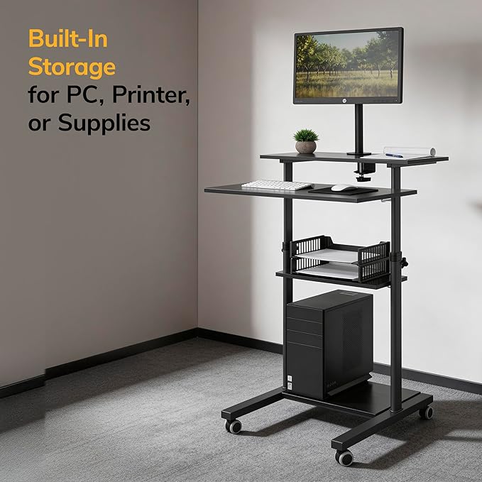 Mount-It! Mobile Computer Cart with Monitor Mount for Screen up to 32", Portable Desk on Wheels, Rolling Laptop Stand for Teachers, Office, Classroom, Rise up to 53", Podium, Keyboard Tray, Black