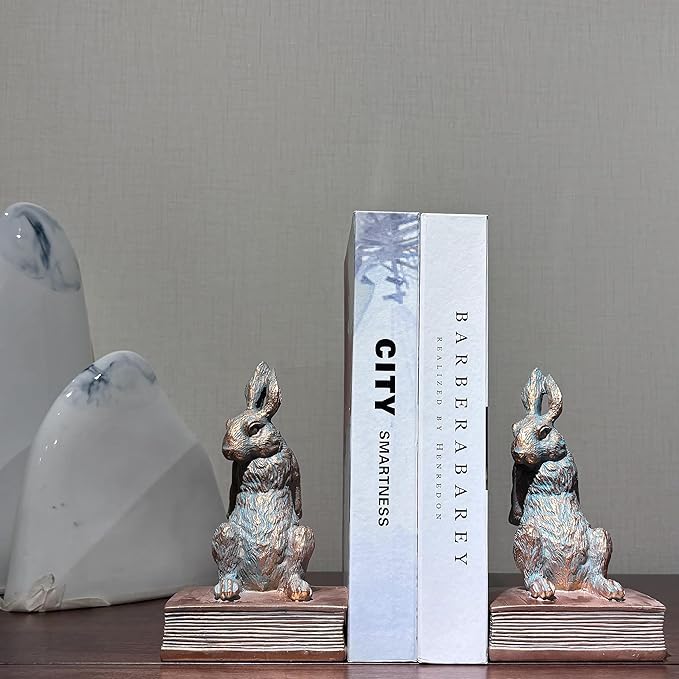 Book Ends for Shelves to Hold Books Hevay Duty,Decorative Bookends for Bookshelf Décor,Cute Animal Rabbit Book Stopper Easter Bunny Statues for Home, Living Room Decoration,1 Pair (Bronze)