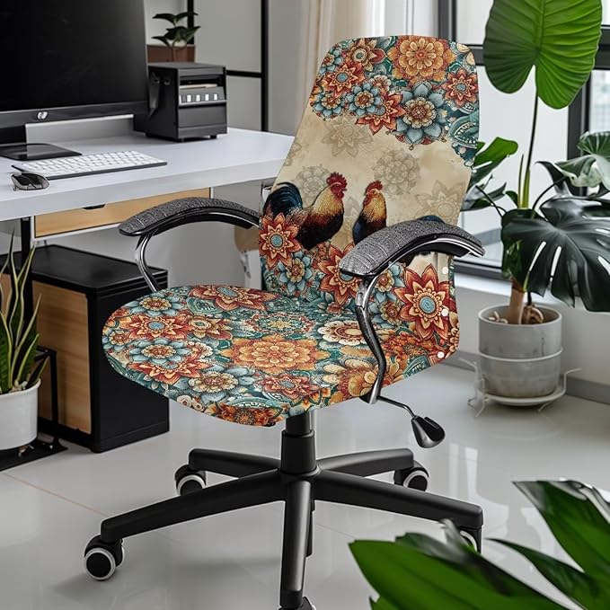 Talayituse Boho Mandala Rooster Chicken Print Office Chair Covers, Stretch Computer Chair Cover, Universal Boss Chair Covers Modern Simplism Style High Back Chair Slipcover, Large