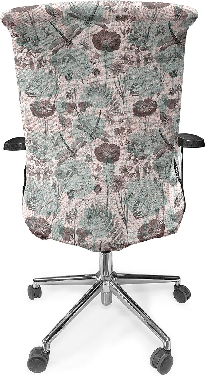 Ambesonne Flower Office Chair Cover, Vintage Style Botanical Composition with Floral Blossoms Dragonflies Flora and Fauna, Stretchable Decorative Universal Size High Back Printed Slipcover, Teal Brown
