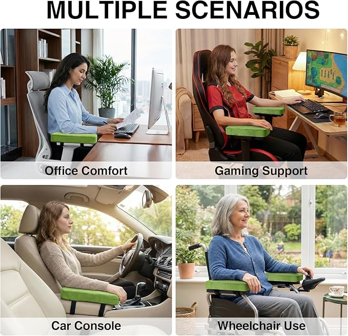Smiry Ergonomic Office Chair Armrest Pads, Memory Foam Arm Rest Covers, Non-Slip Armrest Cushion with Adjustable Buckles and Straps, Elbow Relief for Desk, Gaming & Wheelchair (Green, Set of 2)