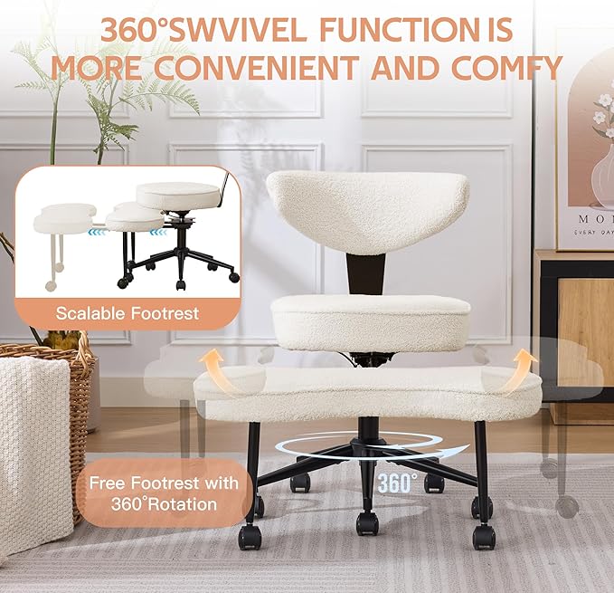 Ergonomic Kneeling Chair with Wheels, Cross Legged Office Chair with High Lumbar Support, 360° Swivel Meditation Chair for ADHD & Yoga, Wide Criss Cross Chair for Home