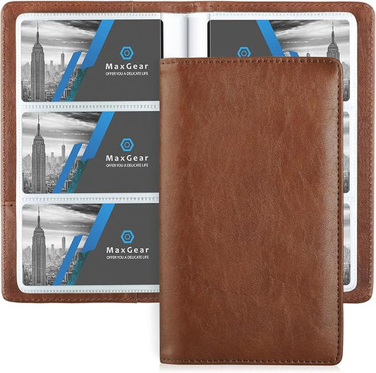 MaxGear Business Card Organizer Book, Holds 240 Cards, Portable PU Leather Business Card Holder with Clear Sleeves, Professional Card Binder for Office, Meetings, Networking, Coffee