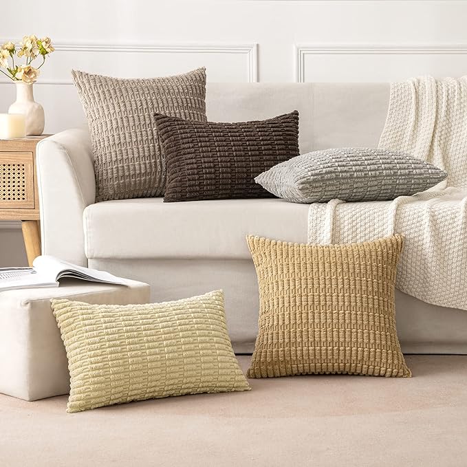 MIULEE Pack of 2 Corduroy Decorative Throw Pillow Covers 16x16 Inch Soft Boho Striped Pillow Covers Modern Farmhouse Home Decor for Sofa Living Room Couch Bed Light Brown