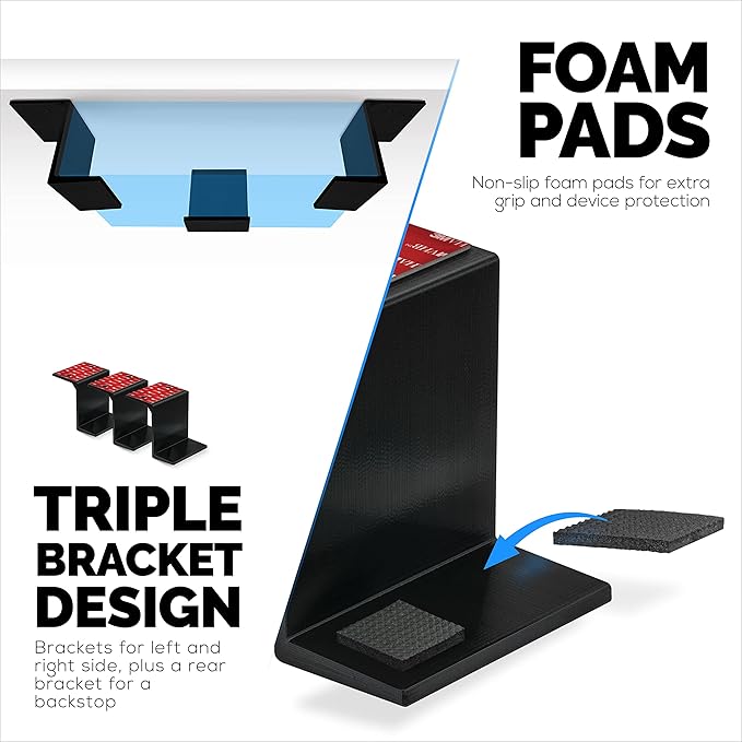 BRAINWAVZ 3” Under Desk Laptop & Device Holder Mount, Adhesive & Screw in, Devices Upto 3" - Small Computers Laptops MacBook Surface Keyboard Routers Modems Cable Box Network Switch & More (Black)