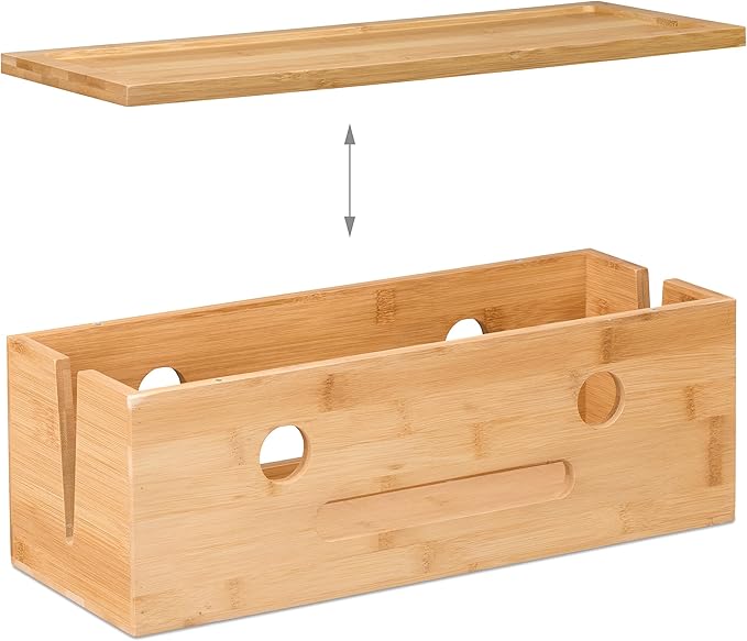 Relaxdays Cable Box for 2 Power Strips, Bamboo, H x W x D: 15.5 x 42 x 16 cm, Hide Cables, Socket Box, Natural