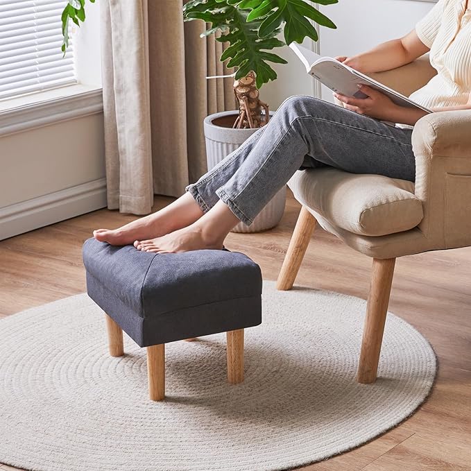 YMYNY 15.75" Small Foot Stool Ottoman, Footrest with Sponge Soft Padded Seat, Cotton-Linen Blend Fabric Footstool for Sofa, Bedroom, Living Room, Entryway, Solid Wood Legs, Dark Grey UHBD023BG