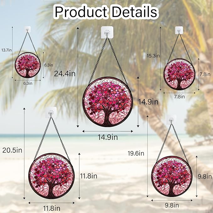 Stained Glass Window Hanging, Birthday Gifts for Women Mom Grandma Nana Wife Couple, Pink Love Tree Suncatcher for Doors Window Home Sun Catchers Gifts Decor 7.8 in
