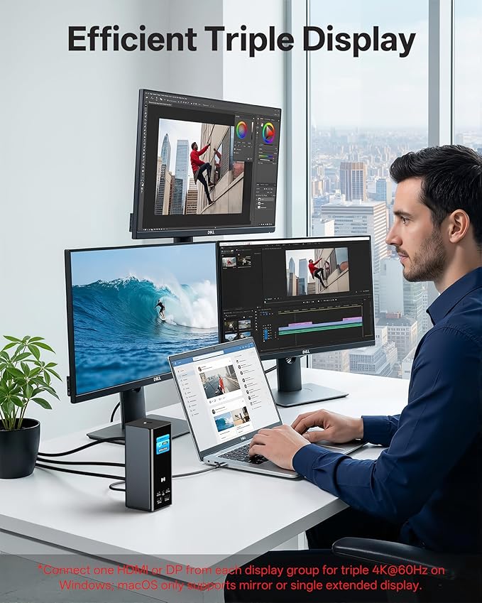 Selore Laptop Docking Station 3 Monitors, Triple 4K Display 3 HDMI 2 DP, Smart Display with Weather,100W PD, 10Gbps USB A/C, Gigabit Ethernet, SD/microSD Reader for Dell/HP/Lenovo/Asus/Acer