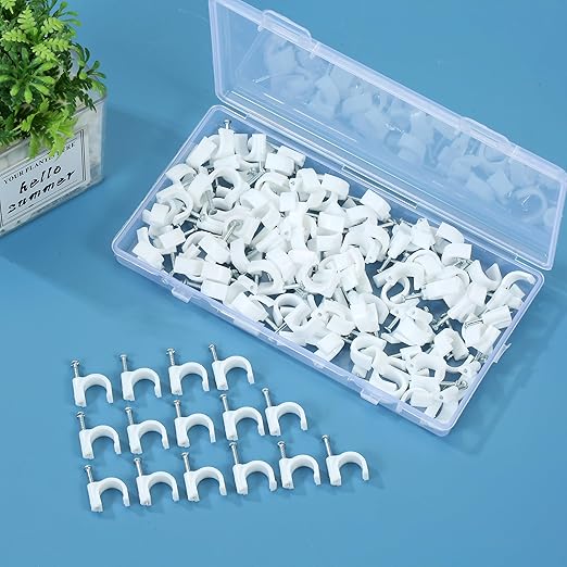 Cable Clips，120Pcs 10mm Cable Staples .Wire Wall Clips with Cable Nails .Cable Clips White，RG6 RG59 CAT5 CAT6 RJ45