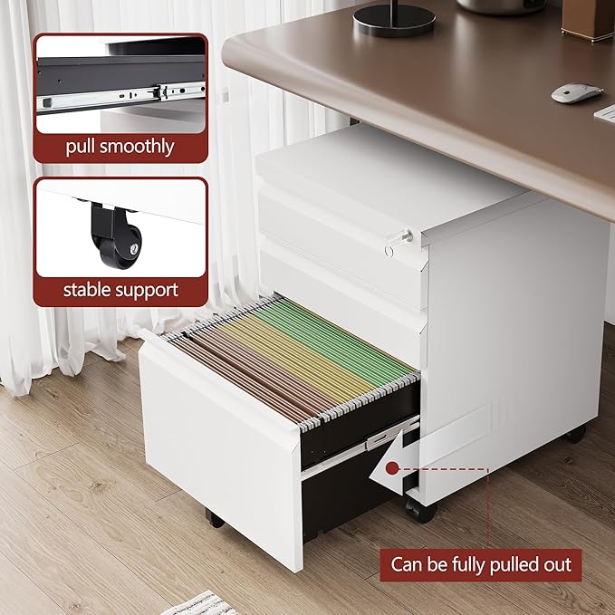 RAVIGIN 3 Drawer File Cabinet，Mobile Filing Cabinet with Lock and Wheels，Fully Assembled Metal Under Desk File Cabinets for A4/Letter/Legal Size（White