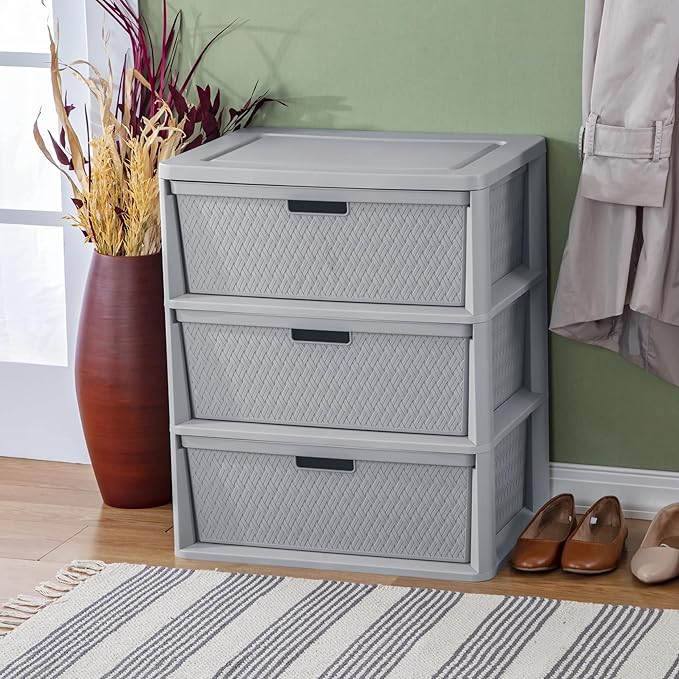 Gray Storage Drawer, 3 Drawer Plastic Weave Wide Tower with Pull Handles