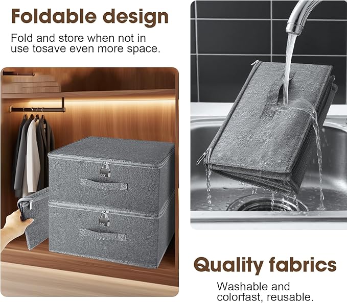 Lockable Storage Box, Organizer Bag Bins Case, Box with Lock, Boxes Storage, Lockable Box, Foldable Fabric Box with Handles, Storage Box with Lid for Clothes, Clothes Storage (16 x 12 x 8 inches)