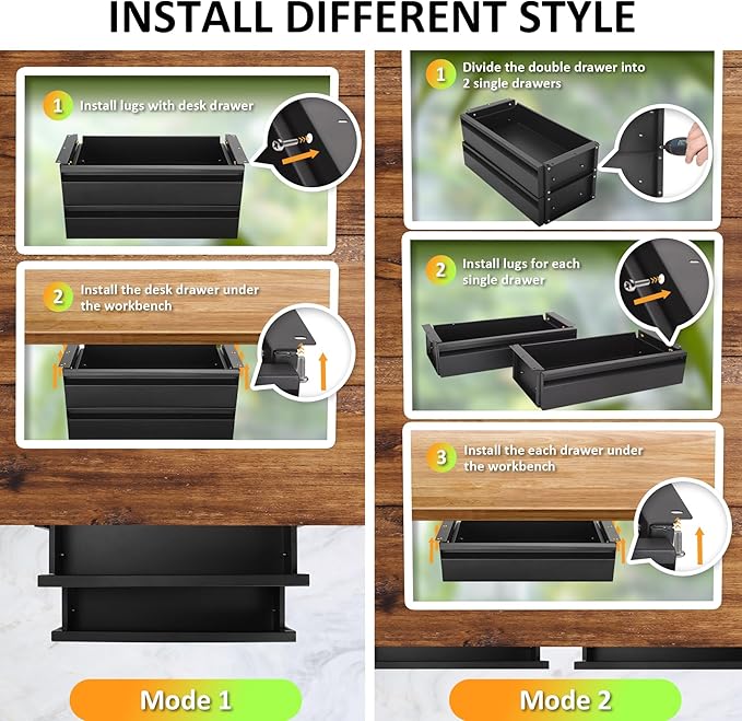 15 in 2-tier Under Desk Drawer,Adjustable Height, Under Desk Drawer Slide Out with Slide Extension Mounted Under Flat Wooden Table, Carbon Steel Hidden Desk Drawer for Office & Home
