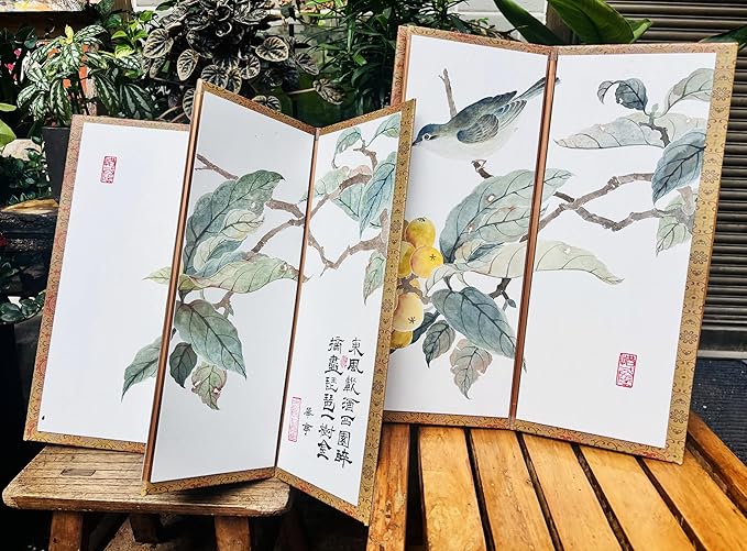 Hand-Painted Chinese Folding Screen - Traditional Oriental Partition with Bird & Loquat Pattern Mini Room Divider, Desktop Privacy Panel, (35x56cm) Symbolizing Happiness (Loquat)