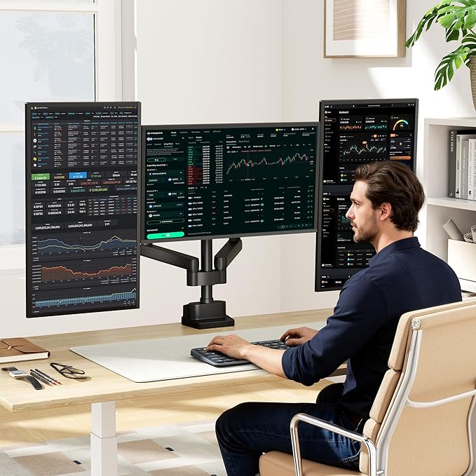 monTEK Triple Monitor Mount for Max 27 inch Computer Screens, Full Motion 3 Monitor Desk Mount Each Arms Holds up to 19.8lbs, Clamp & Grommet Mounting