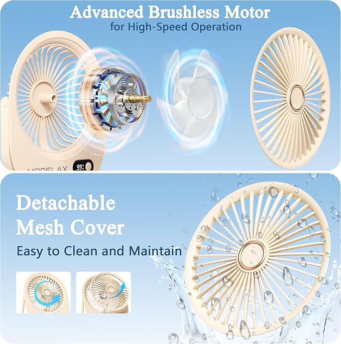 USB Desk Fan, Rechargeable Small Quiet Portable Fan, 180° Folding 6 Speeds Strong Wind Table Fans with Brushless Motor, Mini Desktop Personal Fan for Office/Bedroom, Gifts for Women/Men/girls (Beige)