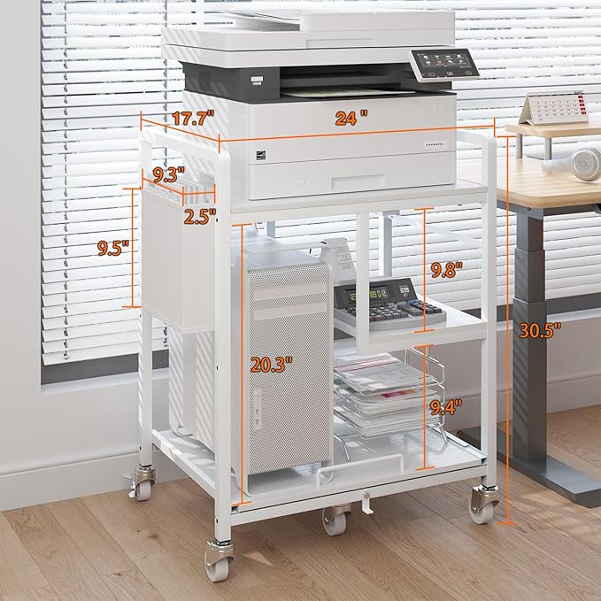 Sedegn Home Printer Stand with Charging Station, 24x18 Inches Stands for Large Printer, Printer Shredder Stand with Storage for Home Office, Table for Fax Machine/PC Tower (White)