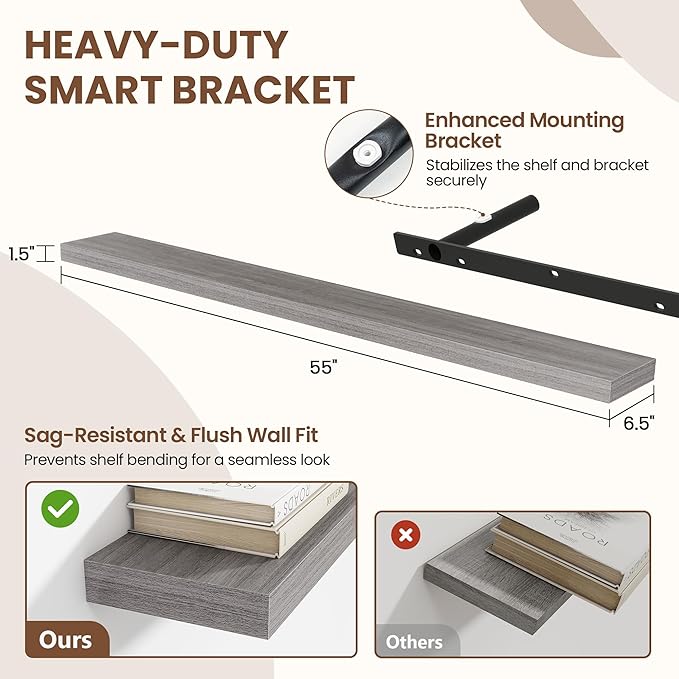 Acovy 55 Inch Floating Shelves for Wall 1 Pack, 55" Wall Shelves for Books, Storage, Decor, Wall Mounted Floating Shelf with Invisible Brackets for Kitchen, Living Room, Gray