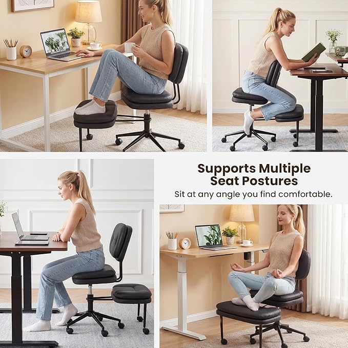 COSIEST Cross Legged Office Chair with Wheels, Ergonomic Kneeling Chair for Adults, Criss Cross Chair with Wide Seat, Comfortable Home Office Desk Chair, 360° Swivel Adjustable Height, Black