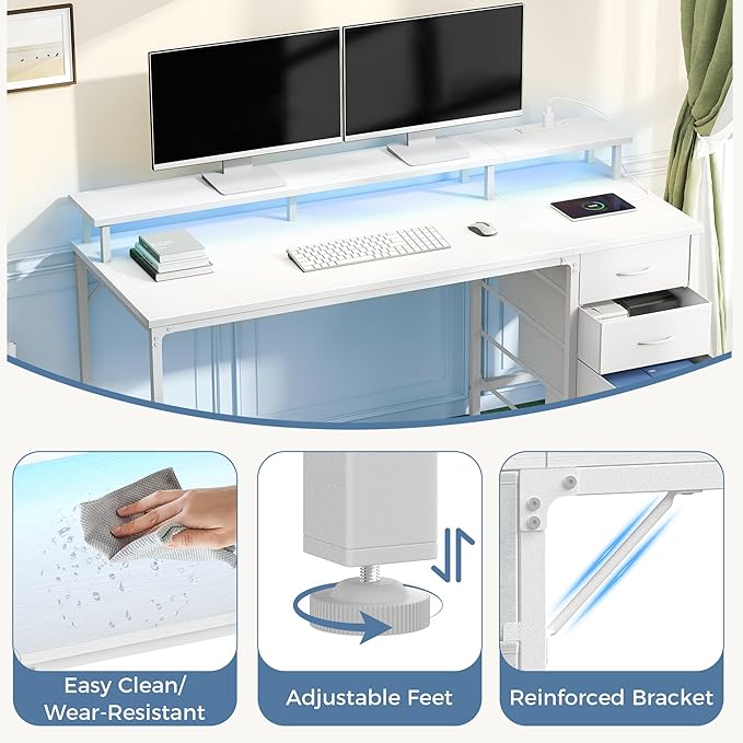 DUMOS Computer Desk with 4 Drawers,4 Drawer Gaming Desk with Power Outlets and LED Lights,Office Desk for Small Spaces with Monitor Shelf,Writing Desk for Home Office, Bedroom,Study 39 Inch White