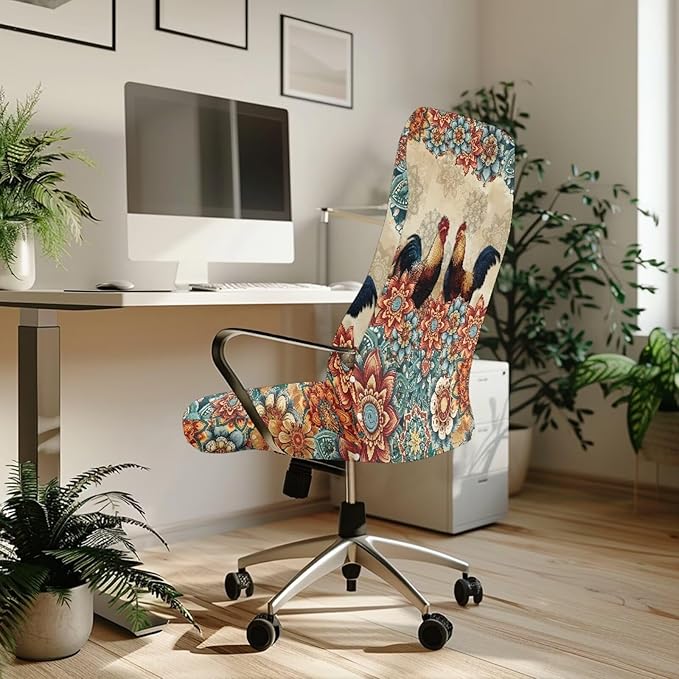 Talayituse Boho Mandala Rooster Chicken Print Office Chair Covers, Stretch Computer Chair Cover, Universal Boss Chair Covers Modern Simplism Style High Back Chair Slipcover, Large
