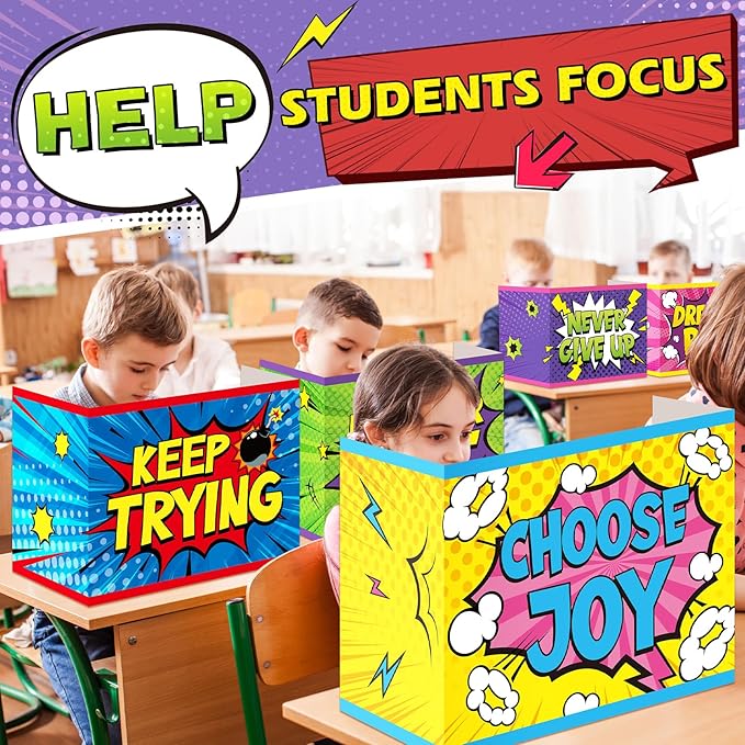Affrolling 12 Pcs Inspirational Privacy Folders Bulk for Students Cardboard Privacy Boards Desk Divider Panel Waterproof Testing Divider for Classroom Back to School Study Supplies (Hero)