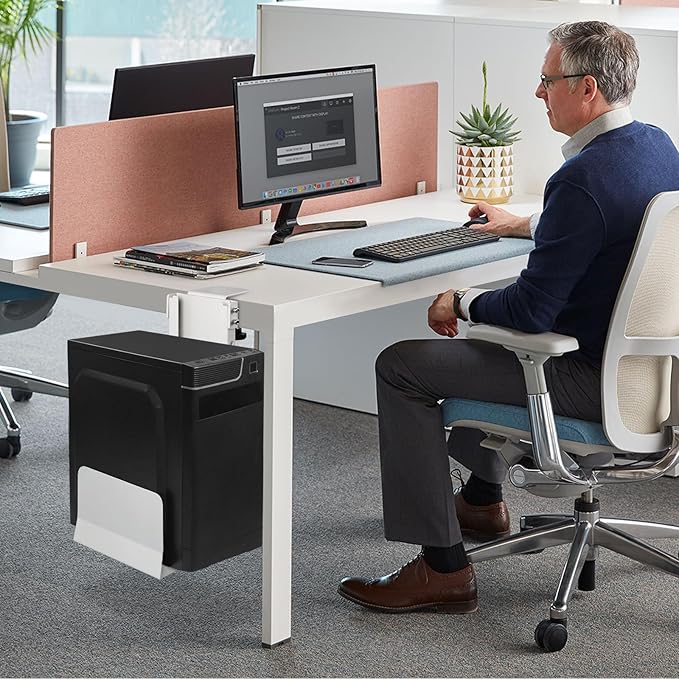 Adjustable Clamp Mount On Desk for PC Tower - No Drilling, Height Adjustable from 13.2" to 21.6", Width Adjustable from 5.5" to 9.8", Heavy Duty Under Desk Computer Case CPU Holder, White