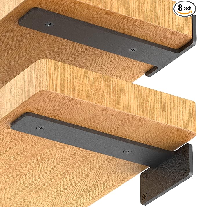 Starunder 8 Pack Floating Shelf Brackets, 8 Inch Heavy Duty Industrial Shelf Bracket, Black Metal L Brackets for Shelves Support DIY(1/5 Inch Thicked)