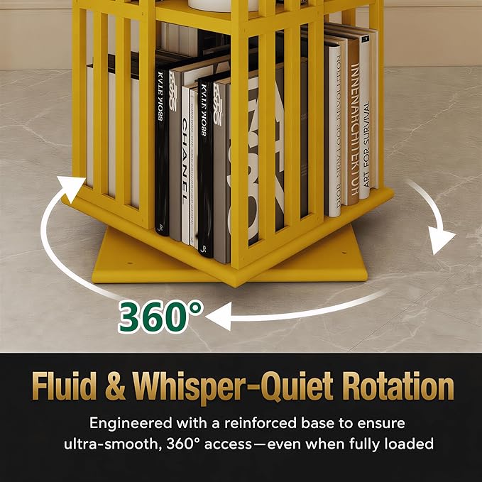 Lauxery Rotating Bookshelf Tower– 6 Tier 360° Spinning Bookshelf | Space-Saving Floor Standing Bamboo Revolving Bookcase for Small Space, Home Offices & Reading Corners | Gold