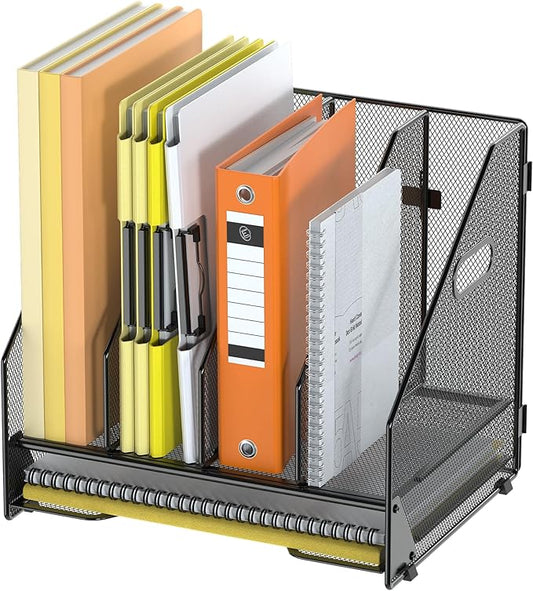 Docnest Desk File Holder Sorter, 4 Vertical Compartments Rack with Letter Tray, Mesh Magazine File Holder with Handle,Workspace Organizers,Desk Organizers for Paper, Mail, Documents-Black