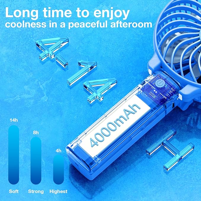 VersionTECH. Portable Handheld Fan, Powerful+Durable+4000mAh+180° Foldable, Mini Table Fans with USB Rechargeable Battery Operated Cooling Accessories for Personal Use, Travel, Office Blue