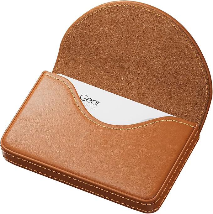 MaxGear Business Card Holder Case, PU Leather Business Card Case for Purse, Pocket Travel Name Card Holder Wallet for Men or Women Gift, Portable Magnetic Business Card Carrier, Slim, Light Coffee