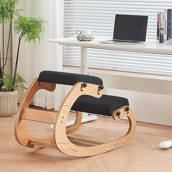 Ergonomic Kneeling Chair,Adjustable Rocking Knee Chair for Home Office,Wooden Office Chair for Back Pain Relief, Black
