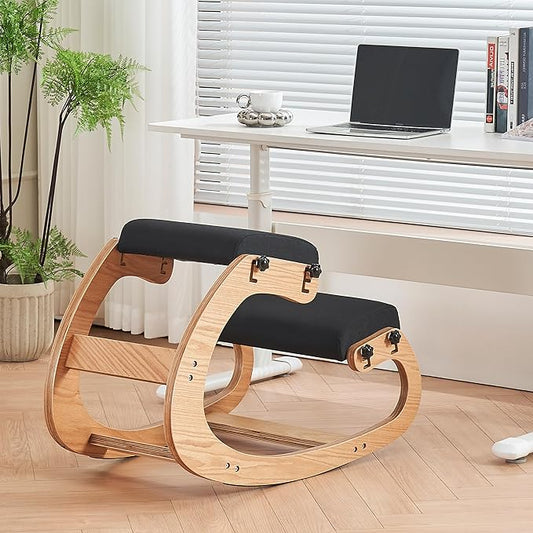 Ergonomic Kneeling Chair,Adjustable Rocking Knee Chair for Home Office,Wooden Office Chair for Back Pain Relief, Black