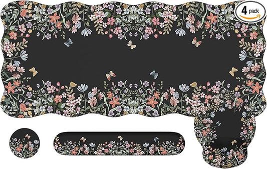 iCasso Desk Mat Set,Large Mouse Pad with Wrist Rest,Ergonomic Keyboard Wrist Support for Women,Girly Floral Computer Mat with Scalloped Edges,Non-Slip Desk Pad Home Office Gaming (Black)