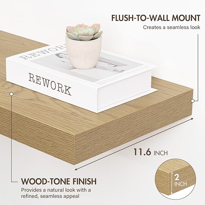 Acovy 24 Inch Floating Shelves, 12" Deep Floating Shelf Wall Mounted, 24" Wall Shelves, Rustic Deep Bookshelf, Extra Deeper & Thicker Display Shelves for Bedroom, Living Room, Oak, Set of 2