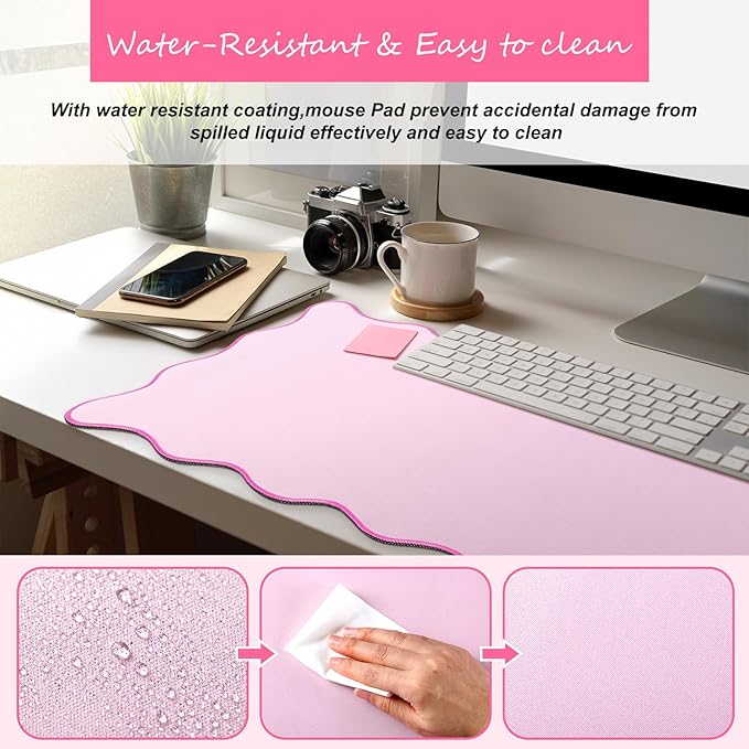 Hahafelt Scalloped Desk Mat Large Scalloped Piping Cute Desk Mat Aesthetic Preppy Table Pad Large Nonslip Pad with Edge Stitching Waterproof Gaming(Pink,36 x 17 Inches)