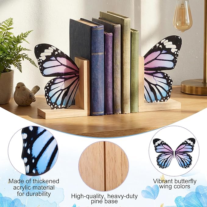 Decorative Butterfly Bookends Wooden Acrylic Butterflys Bookend Modern Bookshelf Decor Accent Book Stopper Decor for Home Farmhouse Shelves Office Lover Gift(Pale Blue Swallowtail Butterfly)