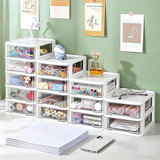 Plastic Desktop Drawer Organizer, Small Clear 4-Tier Storage Drawers, Mini Desk Organizer for Office Stationery Makeup Vanity Supplies