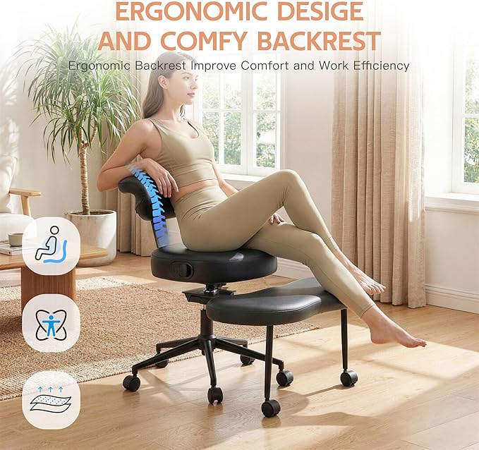 Ergonomic Cross Legged Office Chair with Lumbar Support, 360° Swivel Meditation Chair with Wheels - Adjustable Height for ADHD Desk & Yoga, Wide Criss Cross Chair, Kneeling Chair for Home, Black