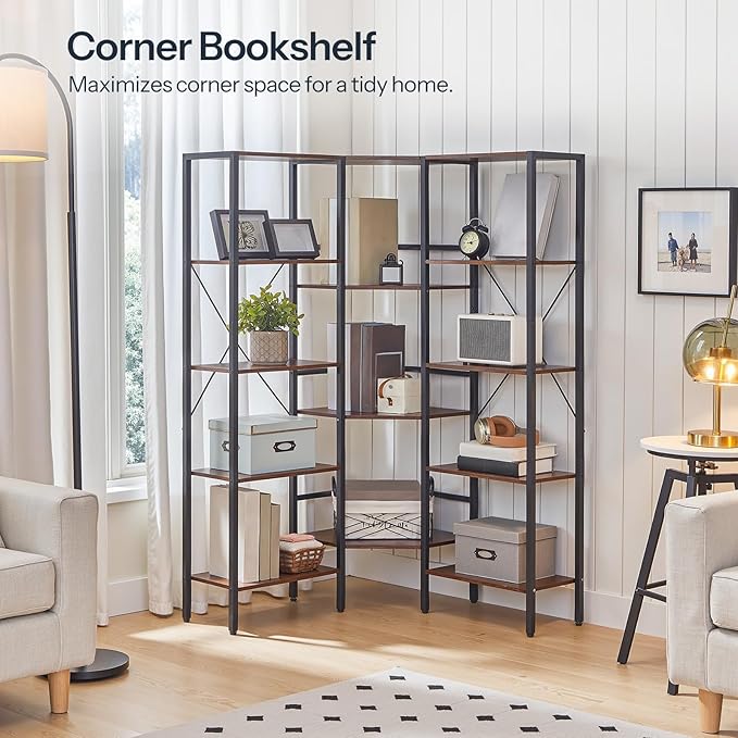 HOOBRO Industrial Corner Bookshelf, 5-Tier L-Shaped Bookcase, Open Display Storage Rack, Floor Standing Storage Shelf, for Living Room, Bedroom, Home Office, Rustic Brown and Black BF68SJ01