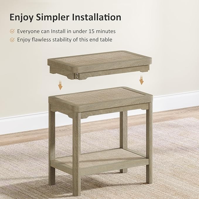 Eclatara Rattan Nightstands - Farmhouse 2 Tier End Table for Bedroom - Accent Side Table wtih Open Storage Shelves for Small Space Narrow Coffee Table, Light Oak