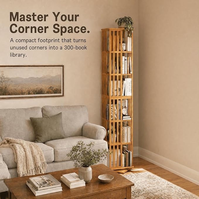 Lauxery Rotating Bookshelf Tower– 6 Tier 360° Spinning Bookshelf | Space-Saving Floor Standing Bamboo Revolving Bookcase for Small Space, Home Offices & Reading Corners | Nature