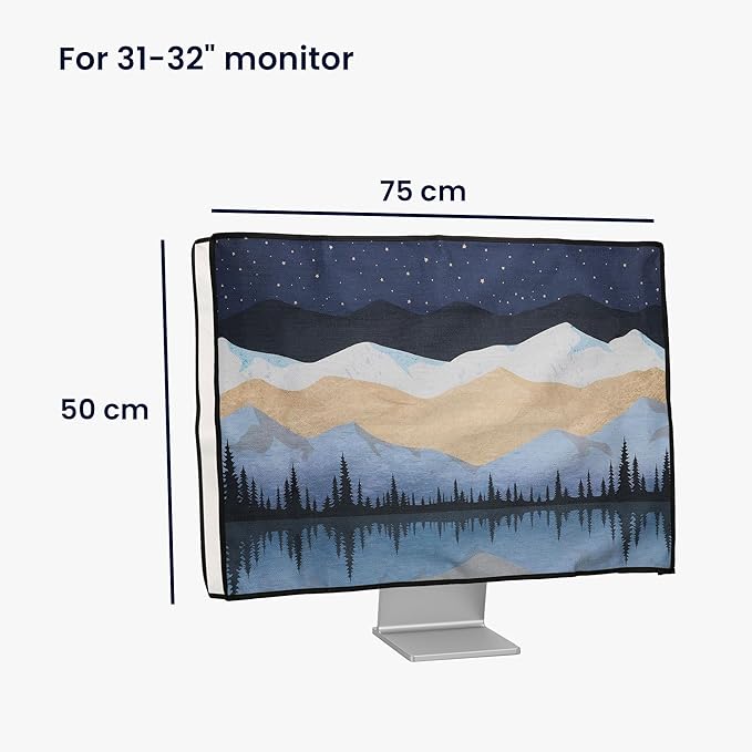 kwmobile Dust Cover for 31-32" Monitor - Linen Monitor Protector with Design - Starry Night Lake White/Light Brown/Dark Blue